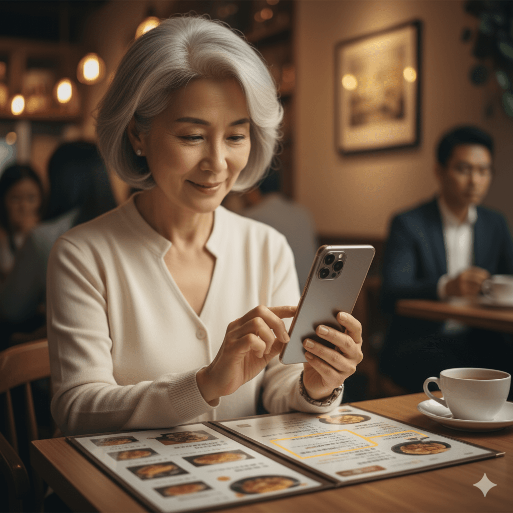 一名氣質優雅的年長女性坐在餐廳裡,她面帶微笑,將手機背面輕輕對準桌上的菜單,示意正在使用AI工具進行文字辨識,享受科技帶來的便利,輕鬆點餐。
